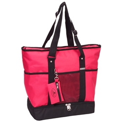 #1002DLX/HOT PINK/CASE - Zippered Bottom Compartment Large Tote Bag - Case of 30 Tote Bags