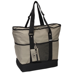 #1002DLX/KHAKI/CASE - Zippered Bottom Compartment Large Tote Bag - Case of 30 Tote Bags