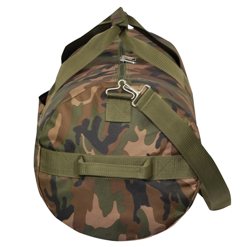30 inch Case of 20 Woodland Camo Round Duffel Bags Wholesale